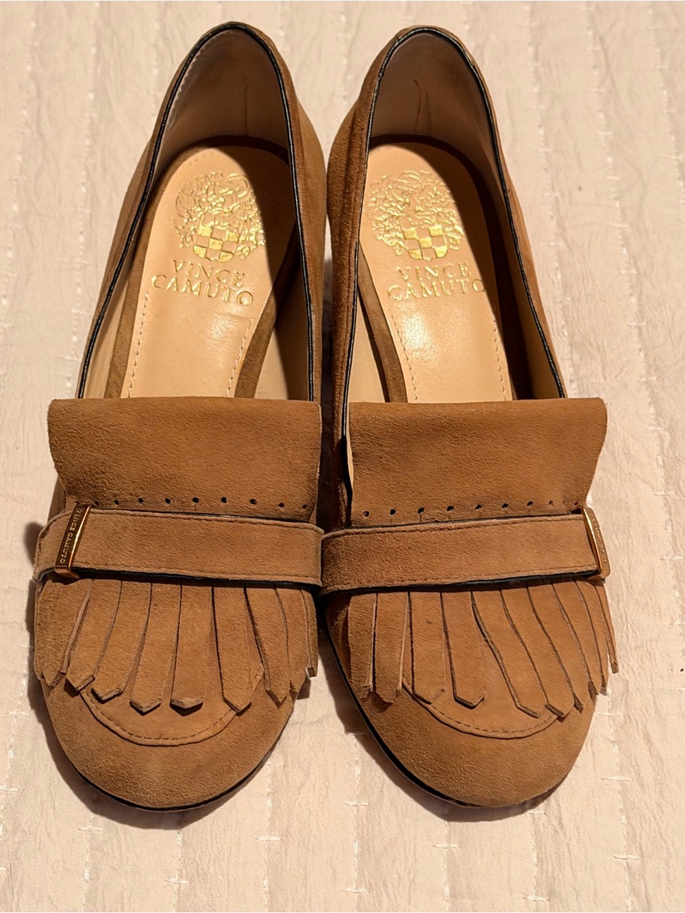 Vince Camuto Tan Suede Fringe Loafer Block Heels 6.5